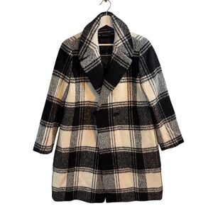 Talbots Pea Coat Plaid Wool Blend Medium Black White Women Italian Fabric Jacket